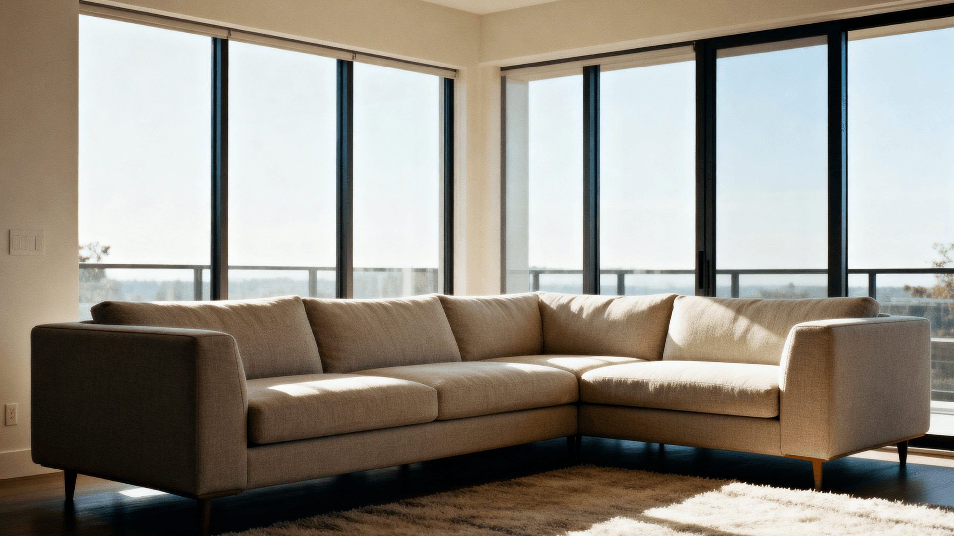 L shaped sectional sofa in a large open living room with neutral decor and natural lighting.