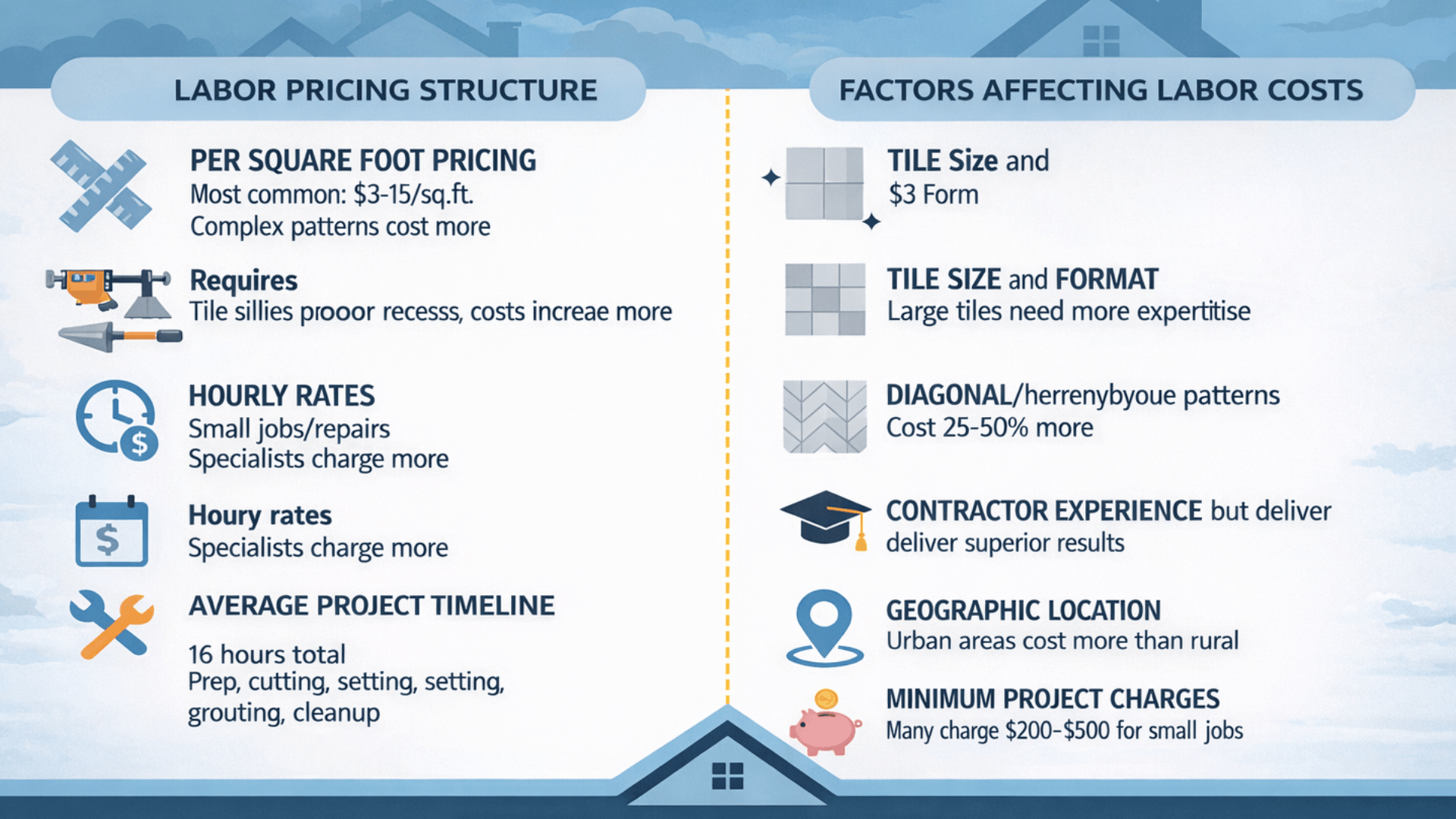 Labor cost to install tile infographic showing pricing per sq ft, hourly rates, timeline, and factors like tile size, patterns, and location.