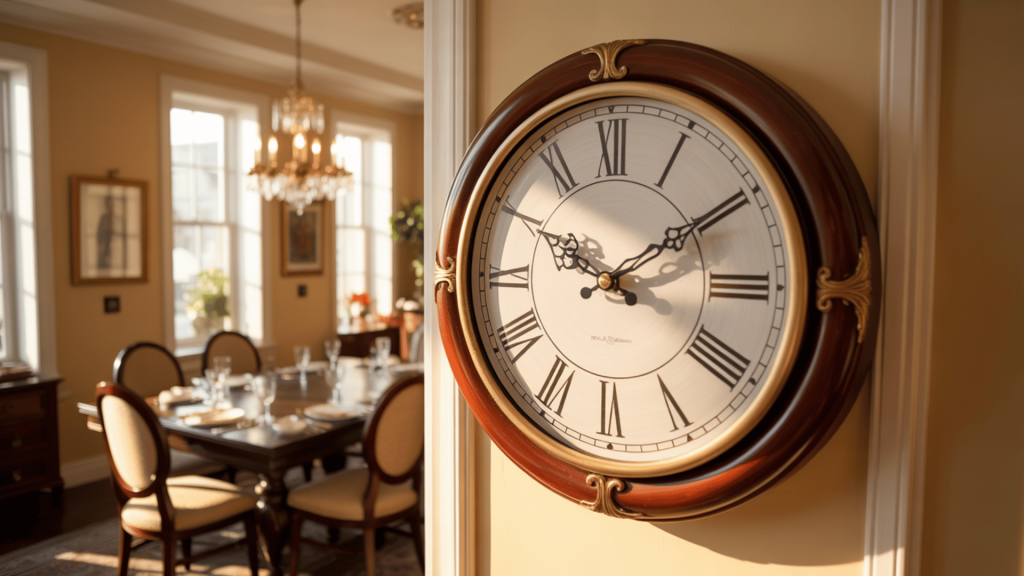 Large vintage wall clock with Roman numerals adds a statement focal point in a warm dining room with chandelier and table.