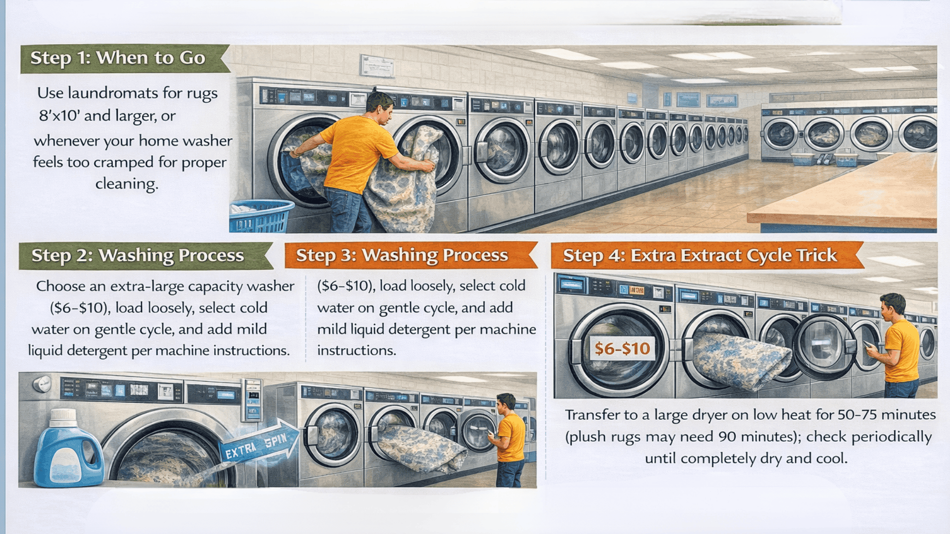 Laundromat guide for large Ruggable rugs use XL washer cold gentle, mild detergent, extra spin, then low dry 50-90 min.