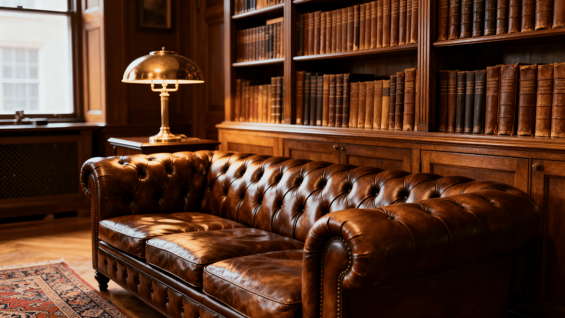 Leather Chesterfield sofa with deep button tufting and rolled arms in a traditional room.