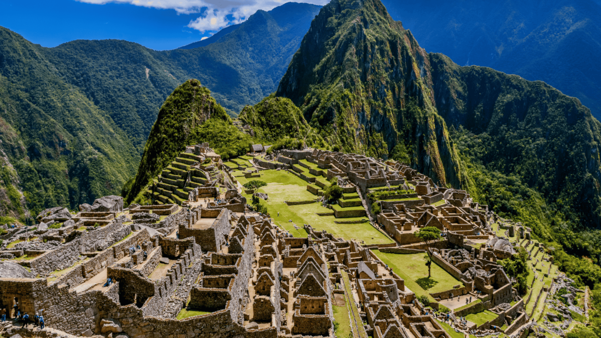 Machu Picchu ruins perched on lush Andean mountains, stone terraces and temples overlooking a green valley under a bright blue sky.