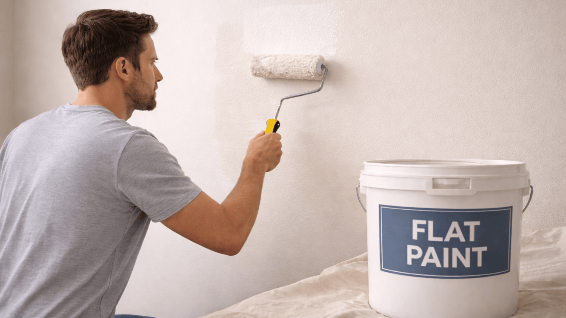 Man applying flat paint to textured wall with roller; white bucket labeled “FLAT PAINT” sits on drop cloth nearby.