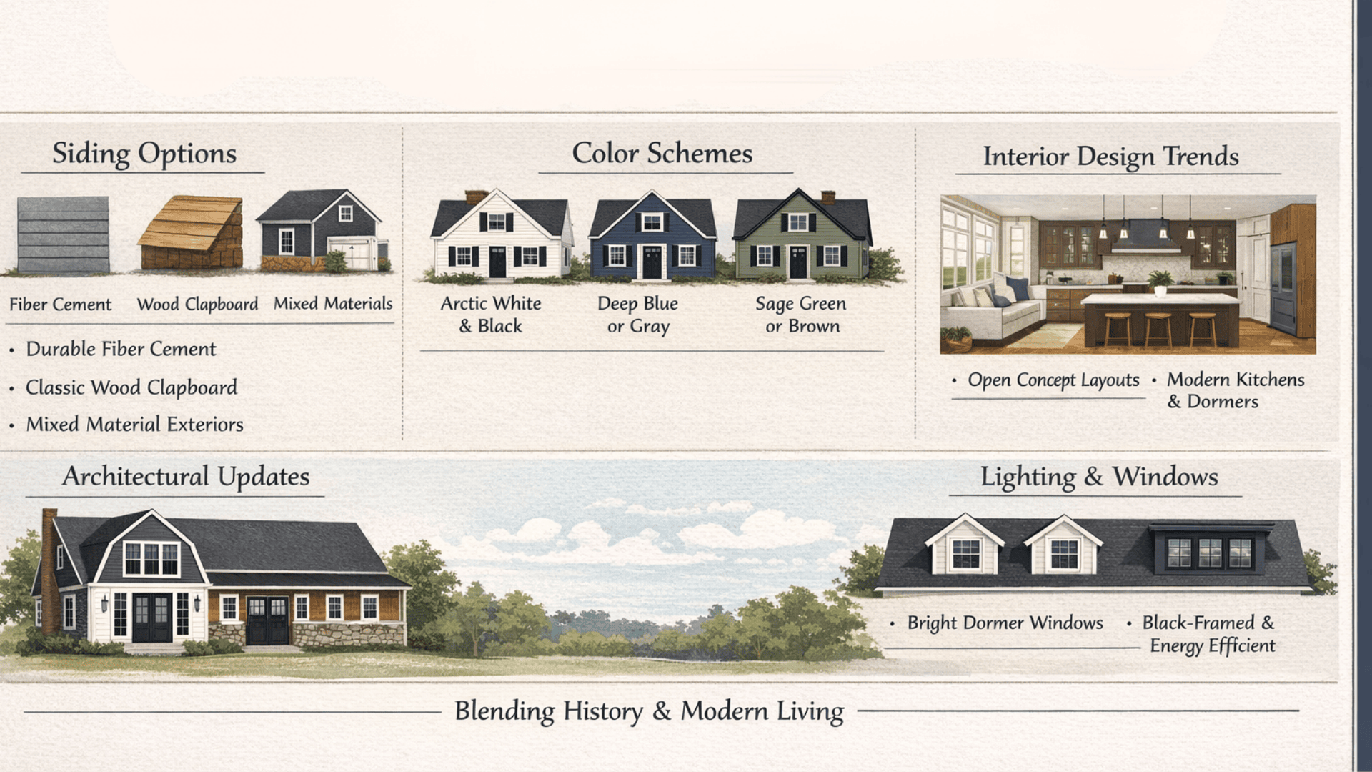 Modern Dutch Colonial home infographic showing siding options, color schemes, architectural updates, interior trends, and lighting features.
