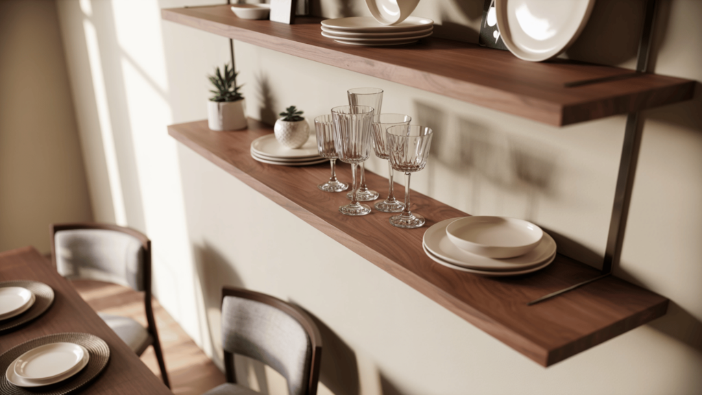 Modern dining room floating shelves styled with plates, glassware, and small plants in warm sunlight above a wood dining table.