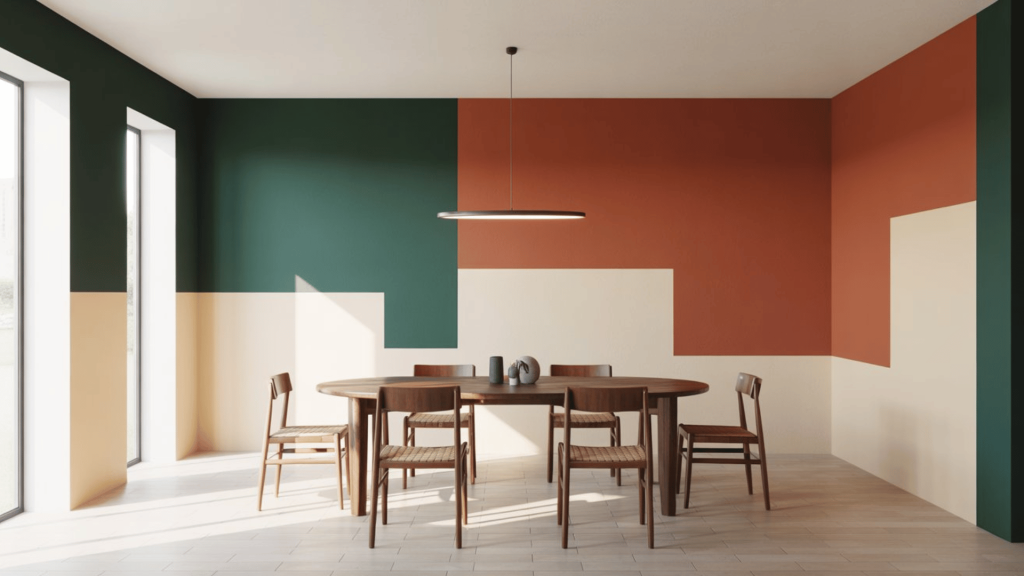 Modern dining room with geometric color block walls in green, rust, and cream, round wooden table, and simple chairs.