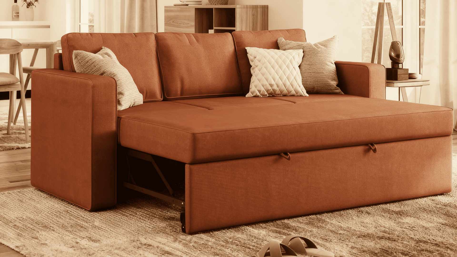 Modern futon folded flat into a bed in a simple and compact living space.