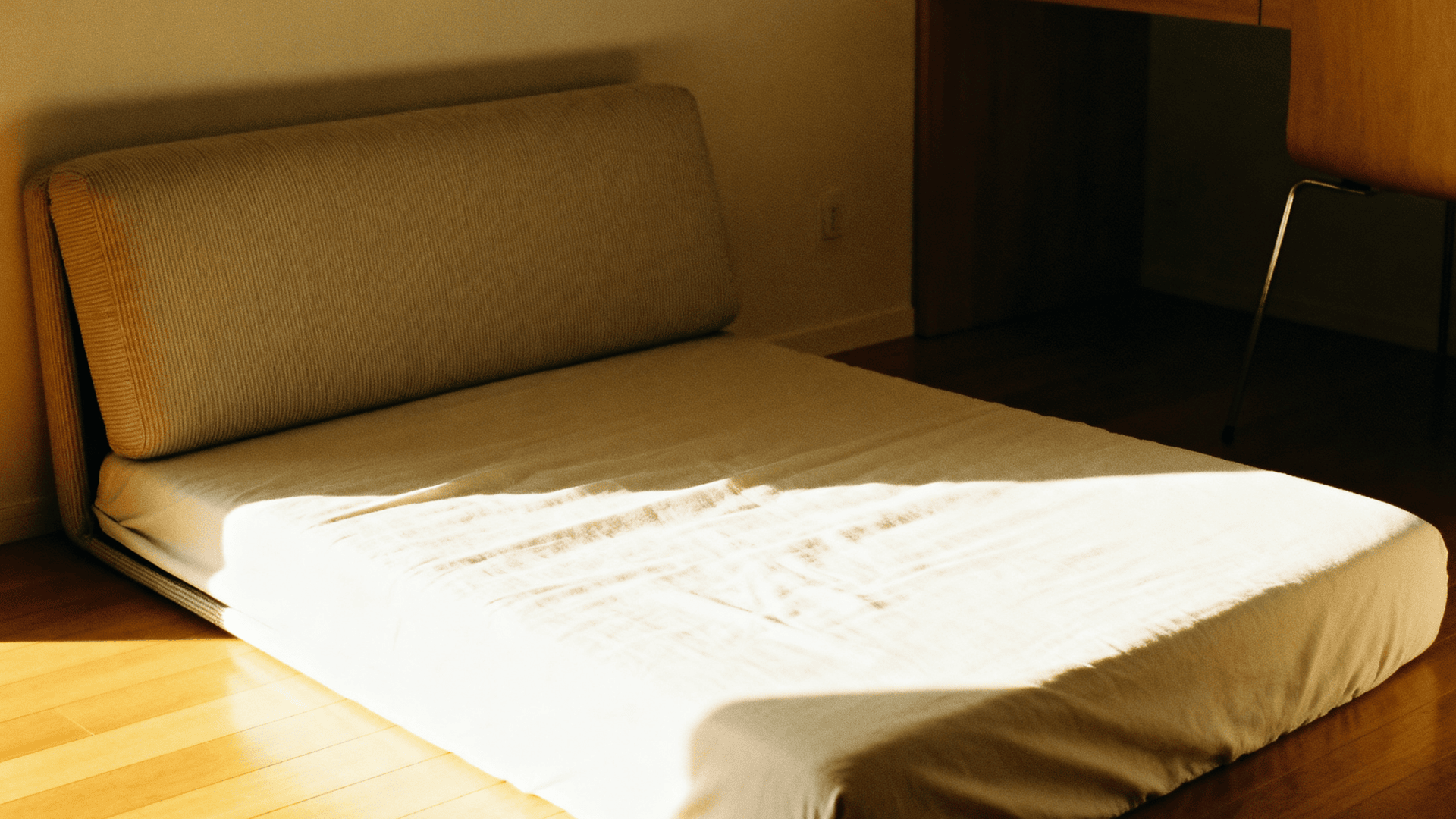 Modern futon folded flat into a bed in a simple and compact living space.