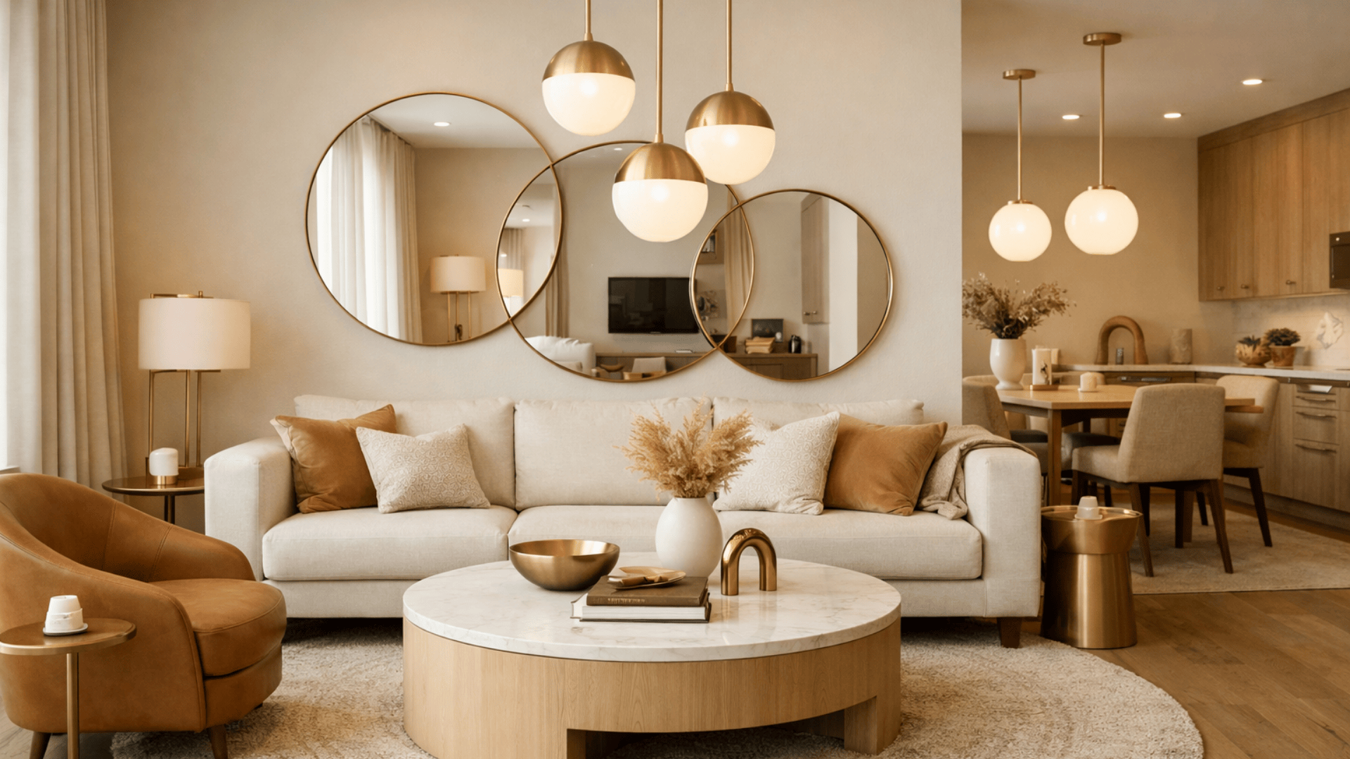 Modern open-concept living room with warm neutrals and shape repetition, featuring circular mirrors, round coffee table, brass accents, and soft lighting.