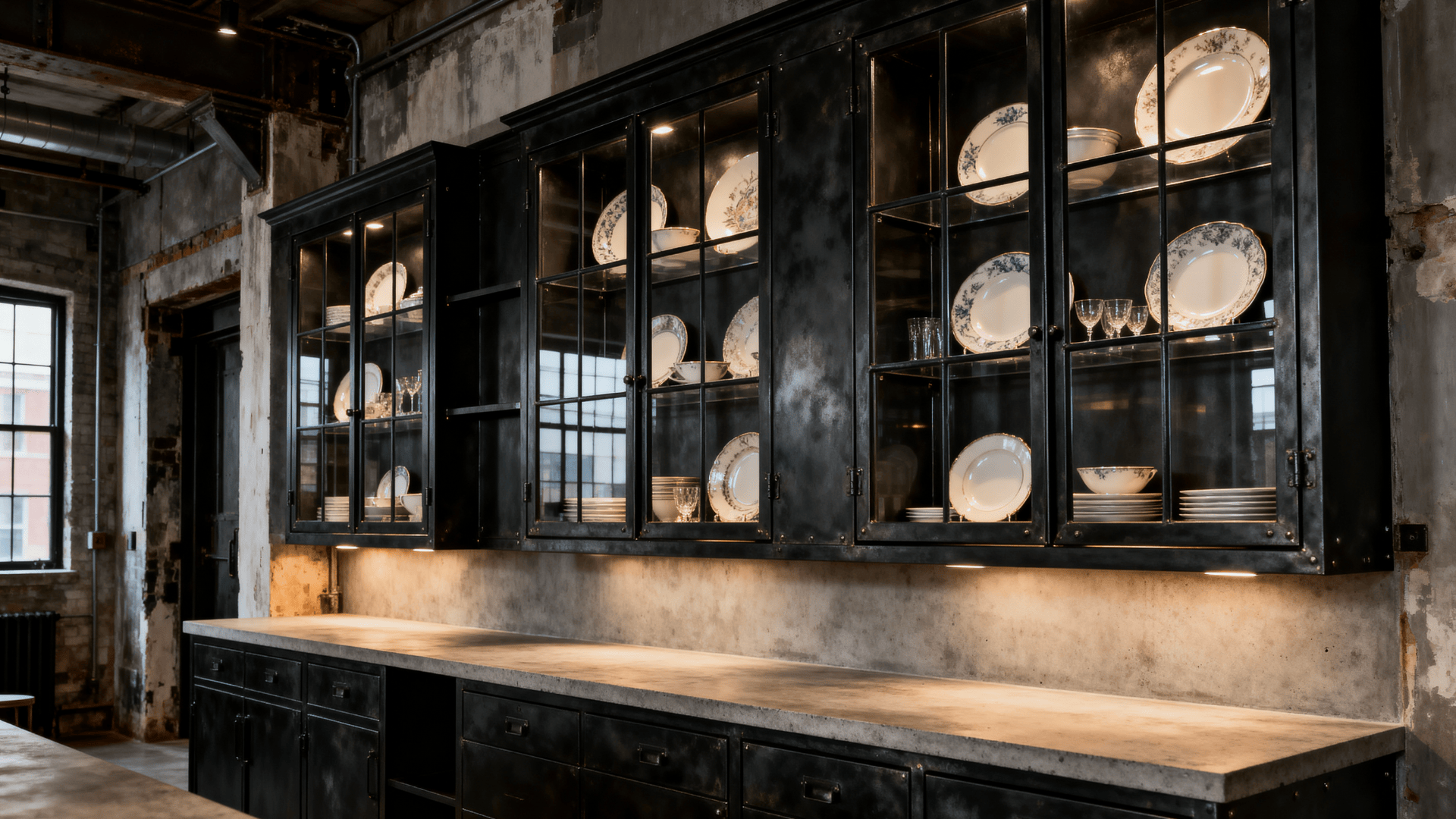 Moody industrial kitchen with blackened steel framed cabinets, glass inserts, stone counters, warm lighting, and urban style.