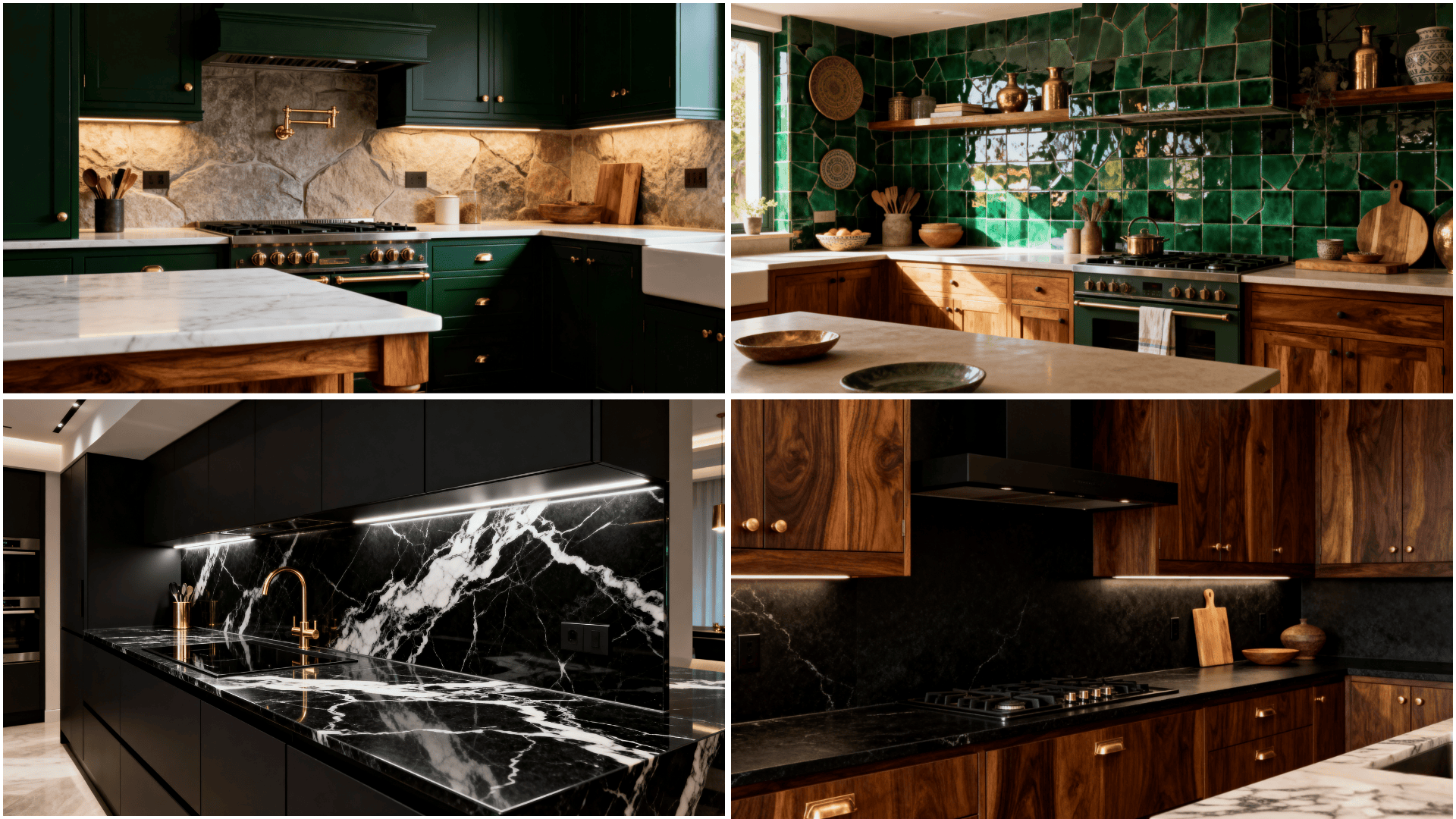 Moody kitchen collage featuring green cabinetry, glossy zellige tile, black marble veining, and warm wood accents with brass details.