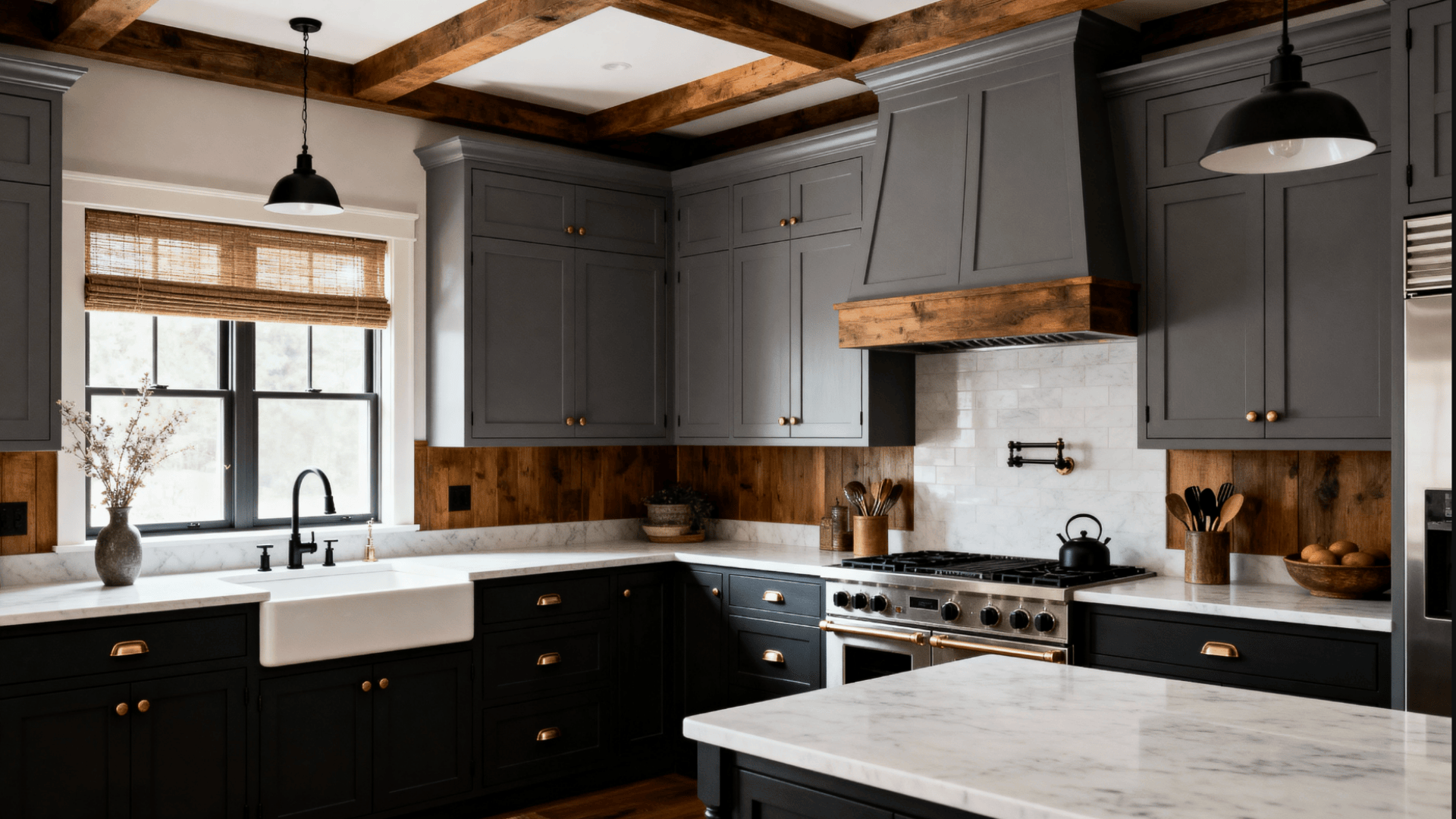 Moody kitchen with charcoal gray two tone cabinets, dark lowers and lighter uppers, marble counters, warm wood accents, and soft lighting.