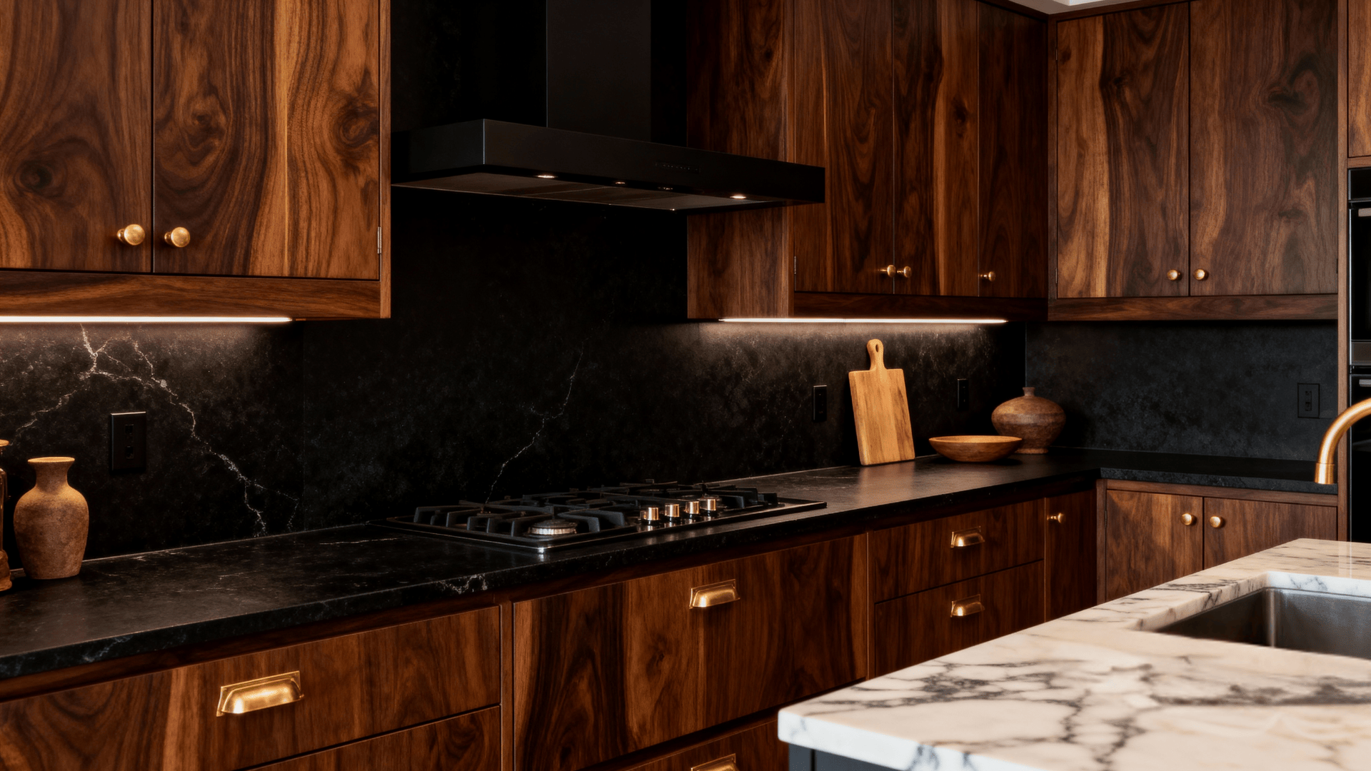 Moody kitchen with dark walnut wood cabinets, rich natural grain, black countertops, warm lighting, and an organic modern feel.