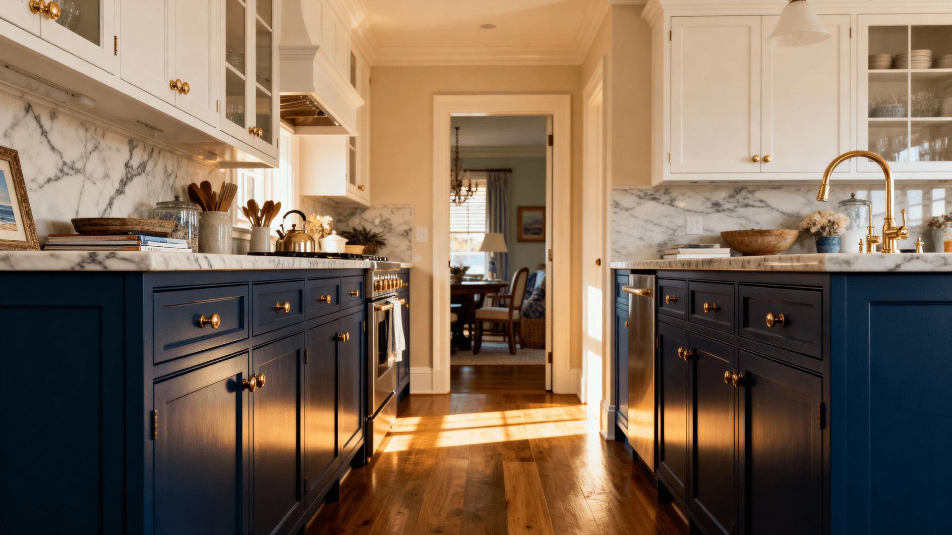 Moody kitchen with navy blue lower cabinets, white uppers, marble countertops, metallic accents, and warm coastal lighting.