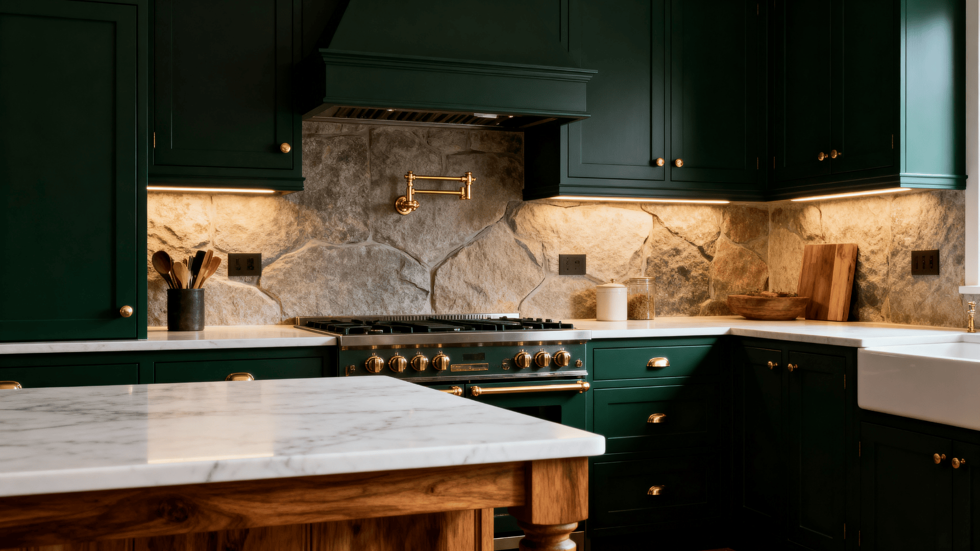 Moody luxury kitchen with deep forest green cabinets, marble countertops, gold fixtures, stone backsplash, and warm under cabinet lighting.
