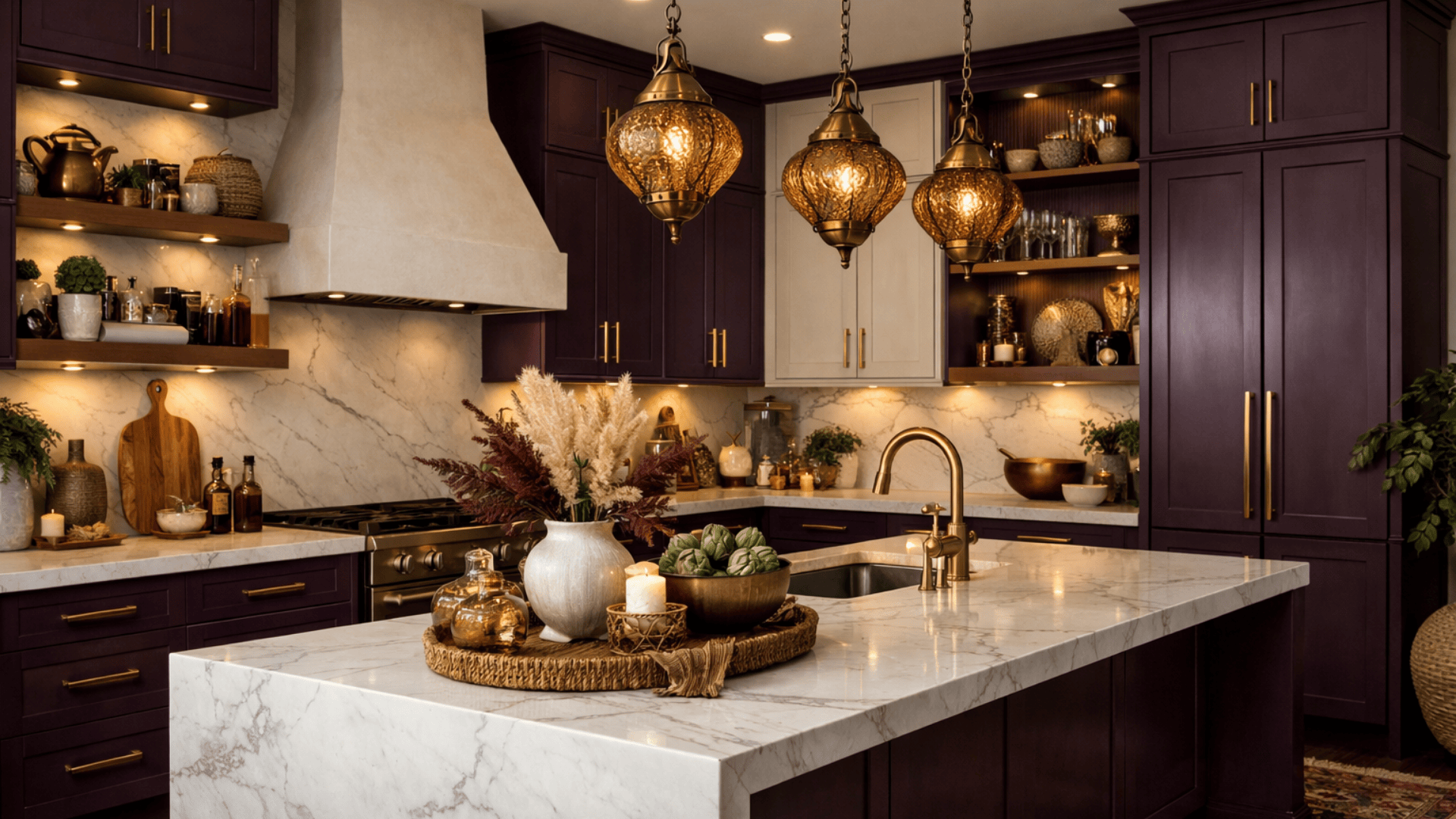 Moody luxury kitchen with deep plum matte cabinets, marble countertops, gold fixtures, boho decor, and warm under cabinet lighting.