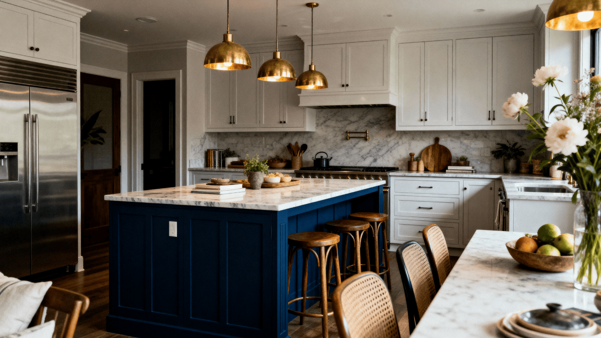 Open concept kitchen with a midnight blue island, neutral cabinets, marble countertop, warm lighting, and a stylish focal point