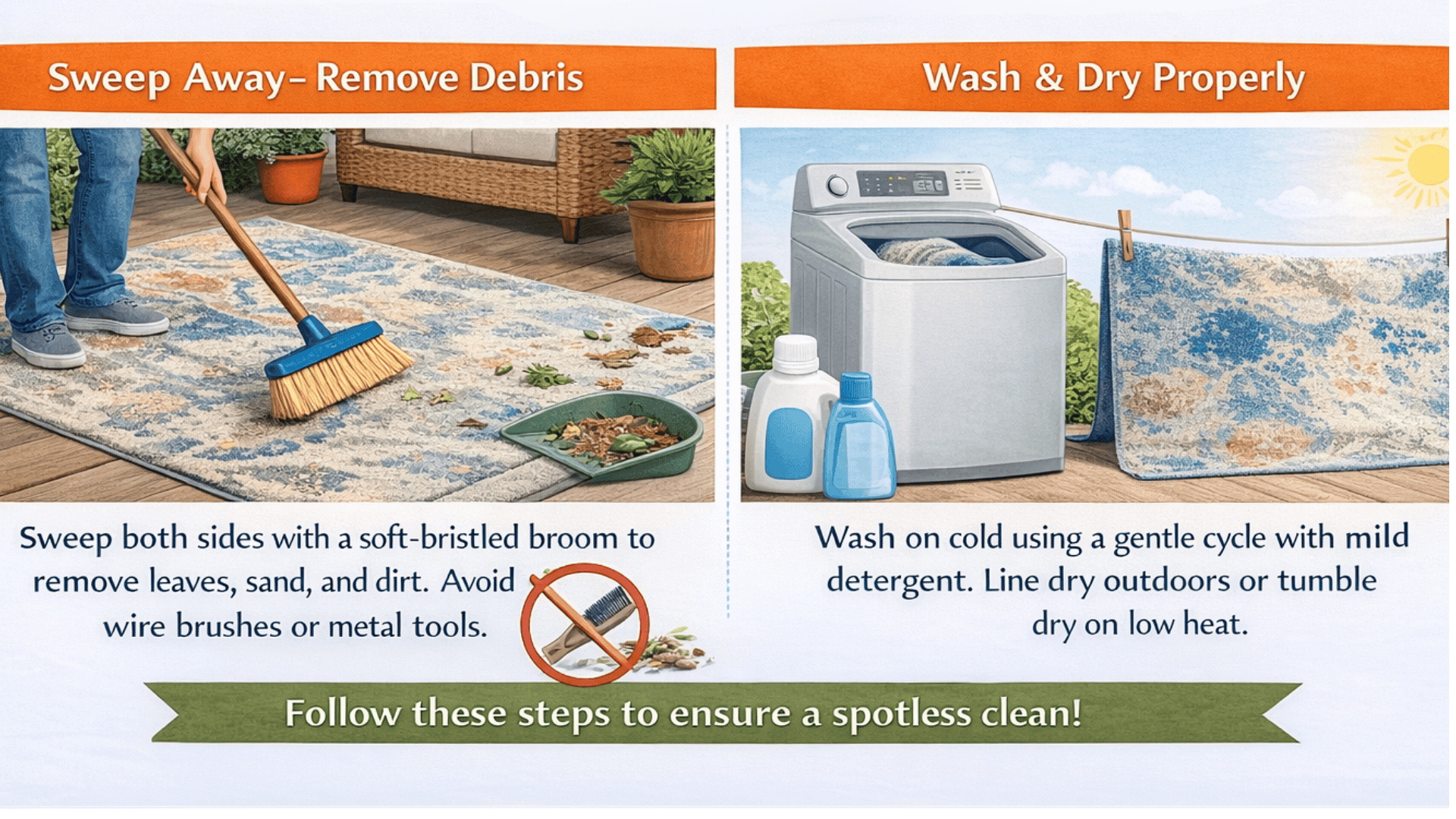 Outdoor Ruggable care infographic sweep both sides with a soft broom, avoid metal tools, then wash cold gentle and line dry or low tumble