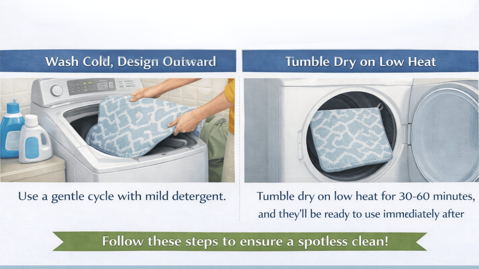 Outdoor Ruggable care infographic sweep both sides with a soft broom, avoid metal tools, then wash cold gentle and line dry or low tumble.