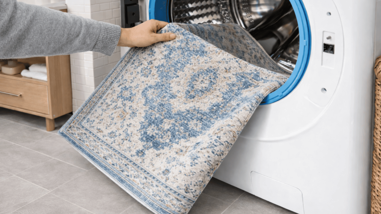 Person placing a blue patterned rug into a white front loading washing machine in a modern tiled bathroom.