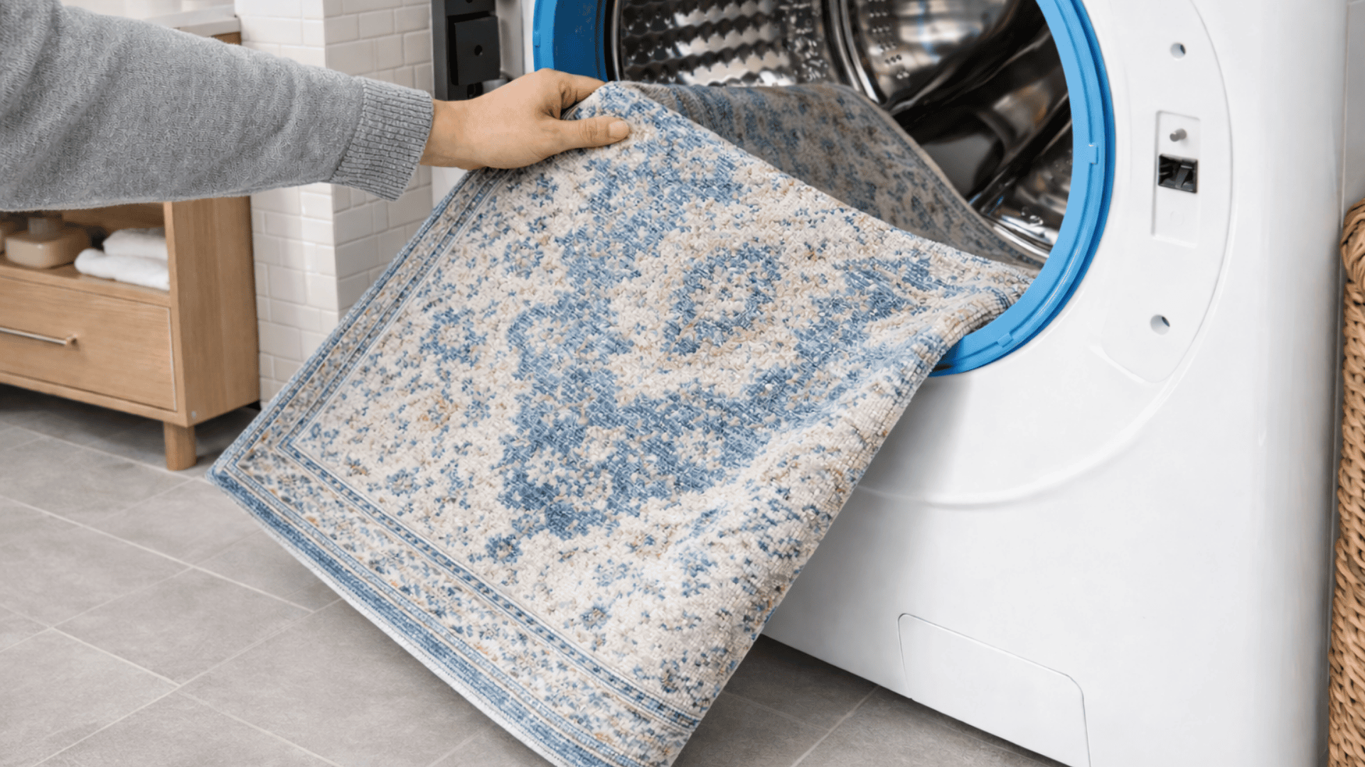 Person placing a blue patterned rug into a white front loading washing machine in a modern tiled bathroom.