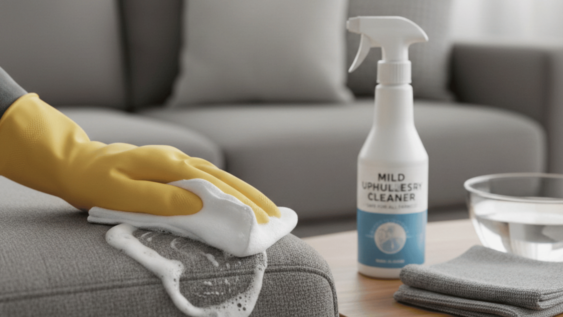 Person wearing yellow gloves wiping foam cleaner off a gray sofa, with upholstery spray and cloth on a nearby table