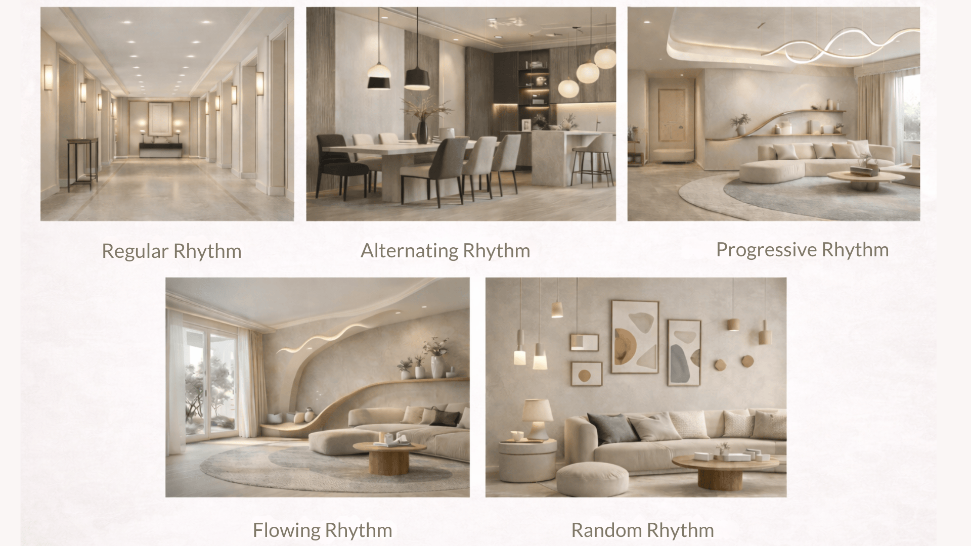 Regular Rhytm, Alternating Rhytm, Progressive Rhytm, Flowing Rhytm, and Random Rhytm shown in five modern interior photos in a grid.