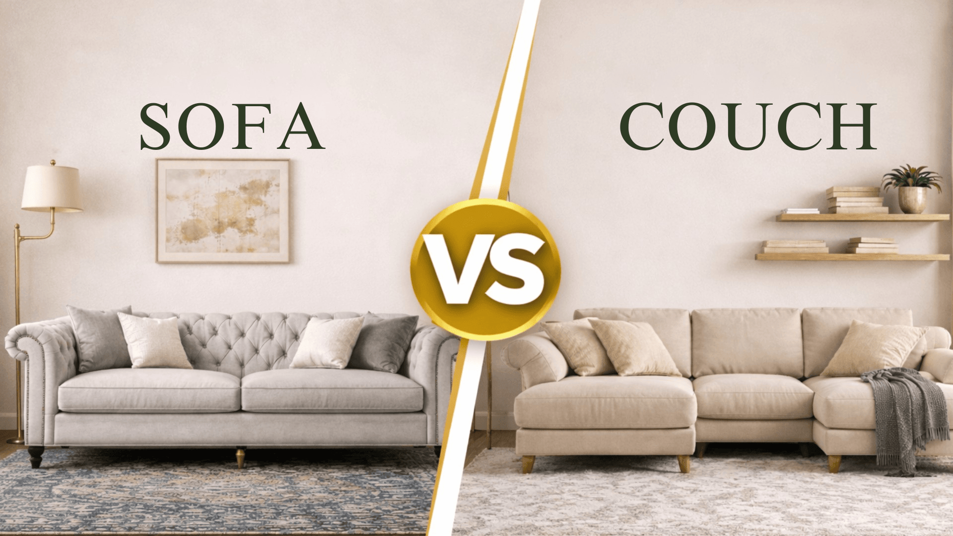 Side-by-side comparison of a sofa and a couch, labeled SOFA and COUCH, with a large gold VS in the center in a modern living room.