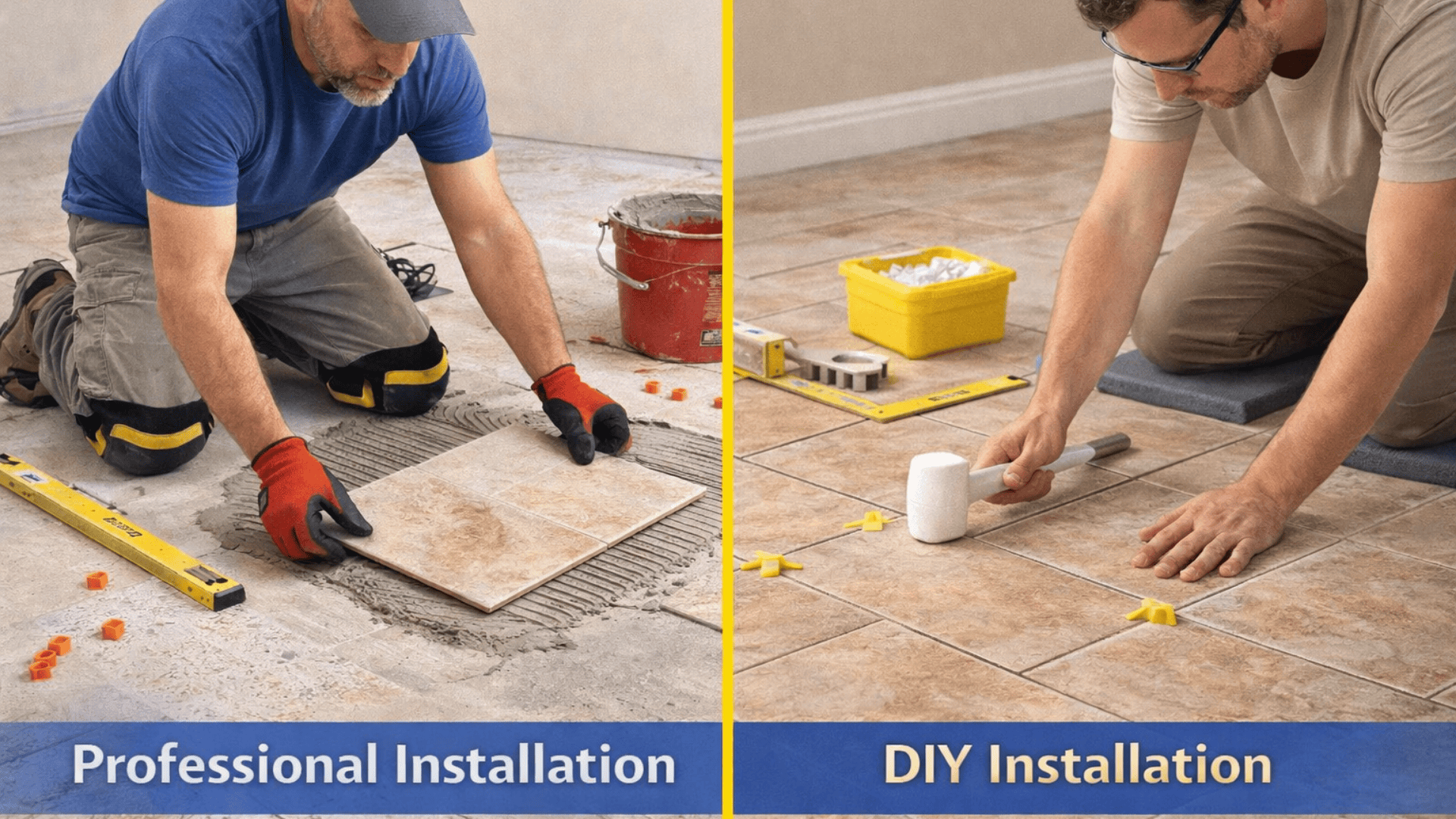 Split image pro installer laying tile with mortar and tools on left, DIY homeowner installing tile with spacers on right