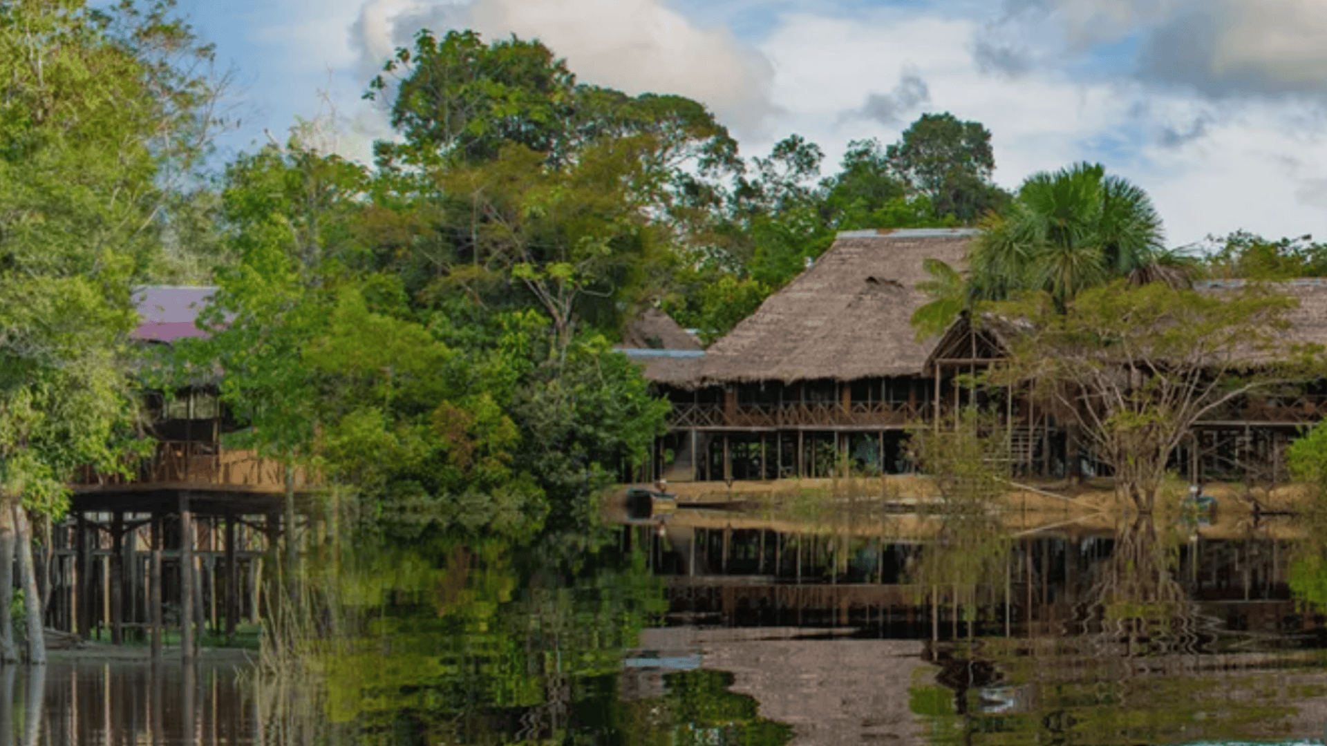 Thatched eco lodge beside a calm river, wooden walkways and stilted buildings surrounded by dense tropical rainforest.