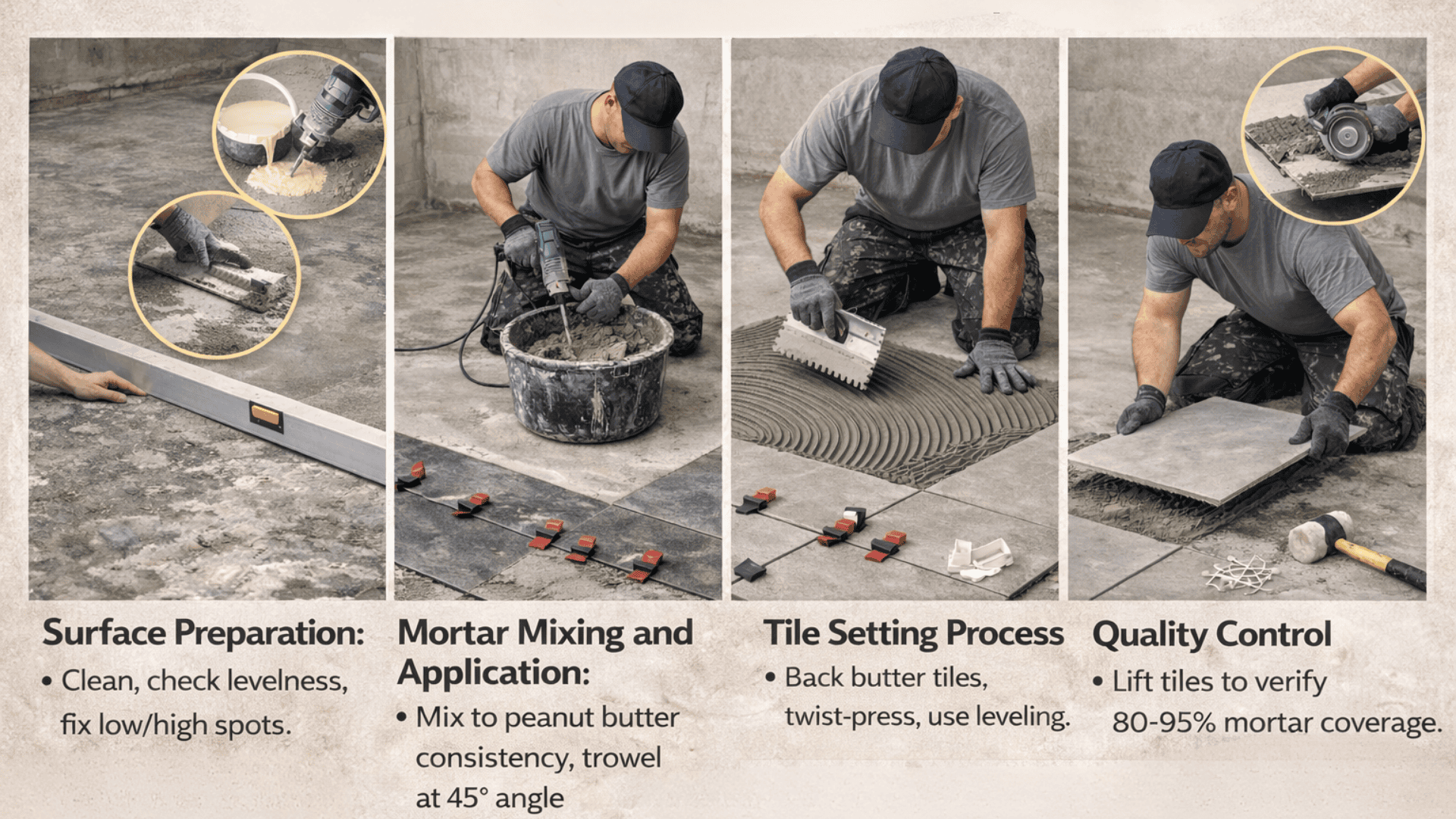 Tile installation infographic showing surface prep, mortar mixing, tile setting, common mistakes to avoid, and quality control checks.