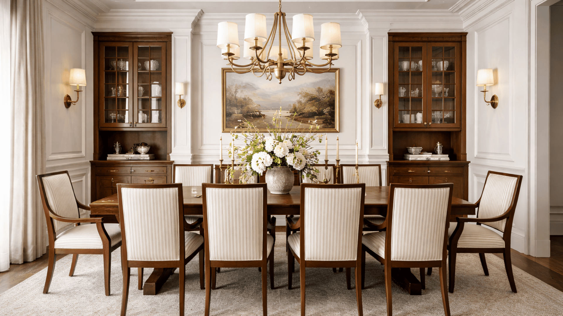 Traditional dining room with architectural repetition, walnut table and chairs, white wainscoting, crown molding, and symmetrical sconces.