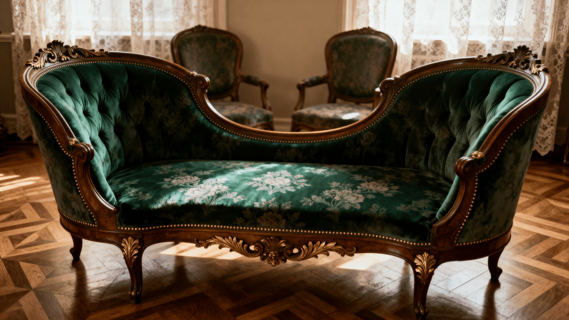 Victorian S shaped conversation sofa designed for intimate face to face seating.