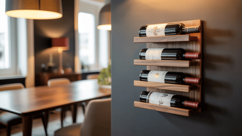 Wall mounted wooden wine rack holding four bottles in a modern dining room with warm lighting and a wooden table.