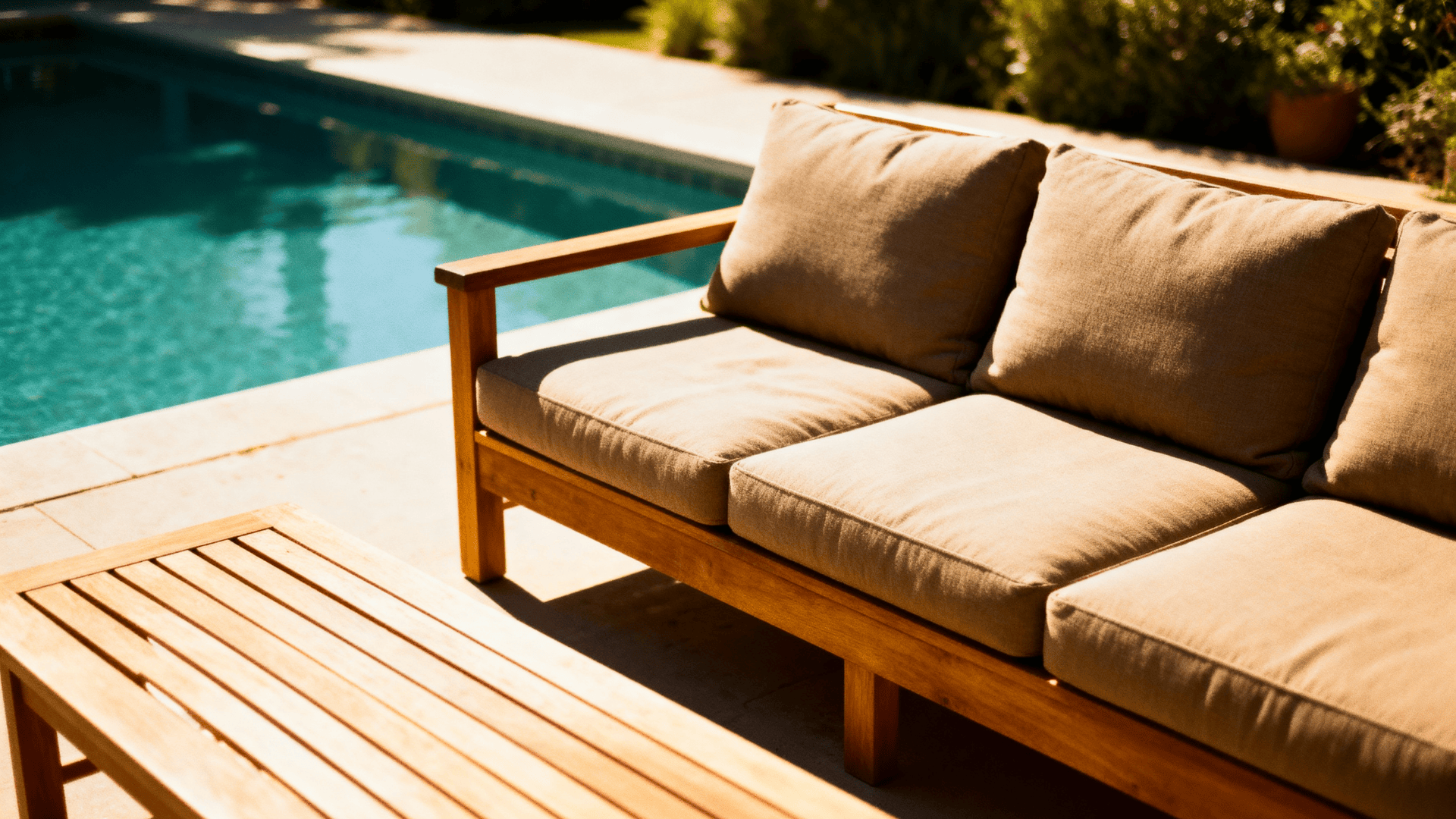 Weather resistant outdoor sofa placed on a sunny patio near a pool.