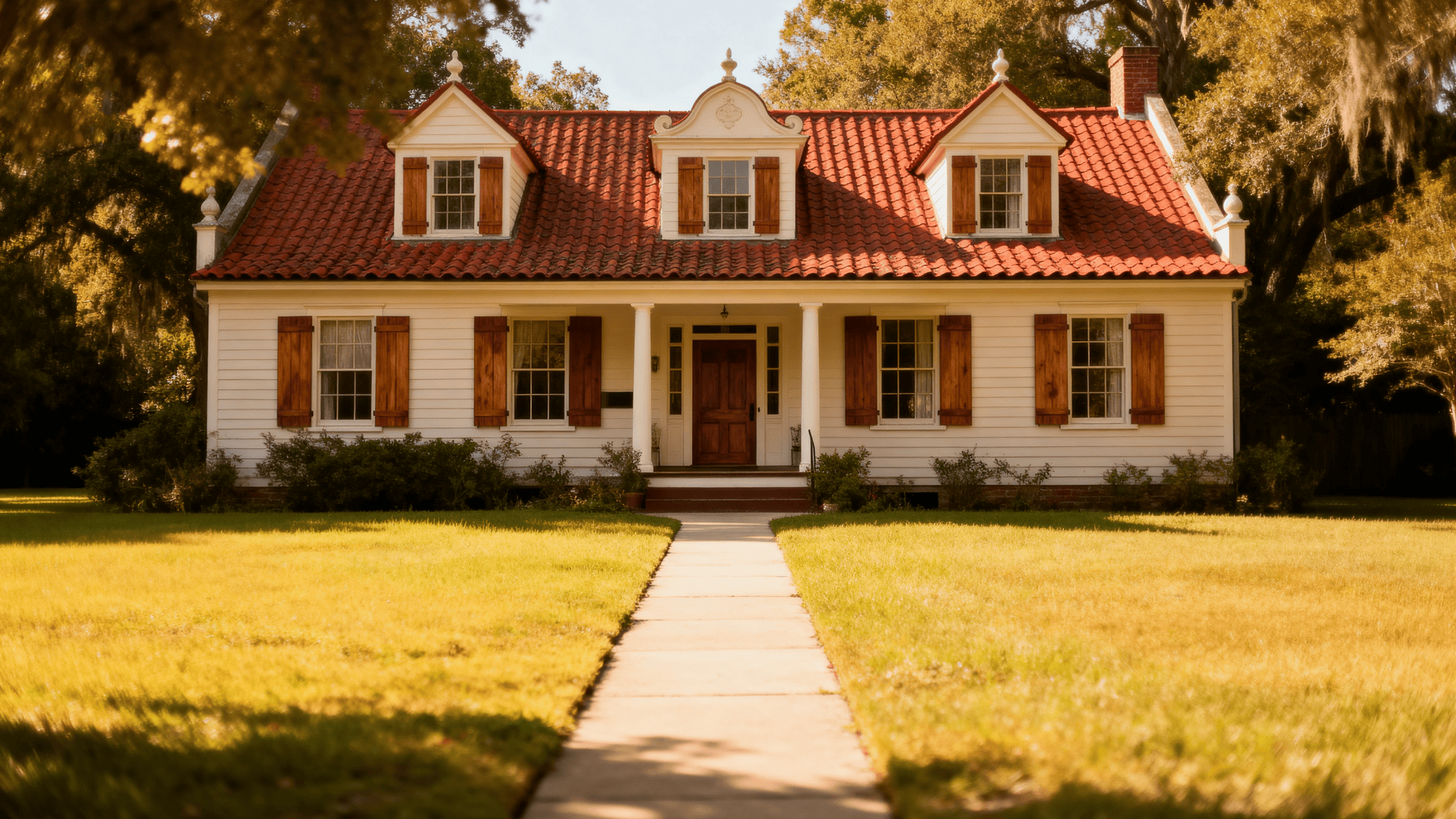 White Dutch Colonial house with red tile roof, dormer windows, wood shutters, and a centered front porch in warm sunlight.