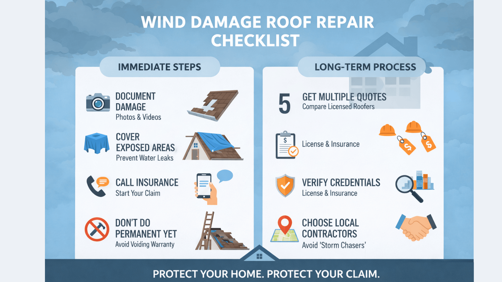 Wind damage roof repair checklist infographic with two columns immediate steps and long-term process, with icons and tips.