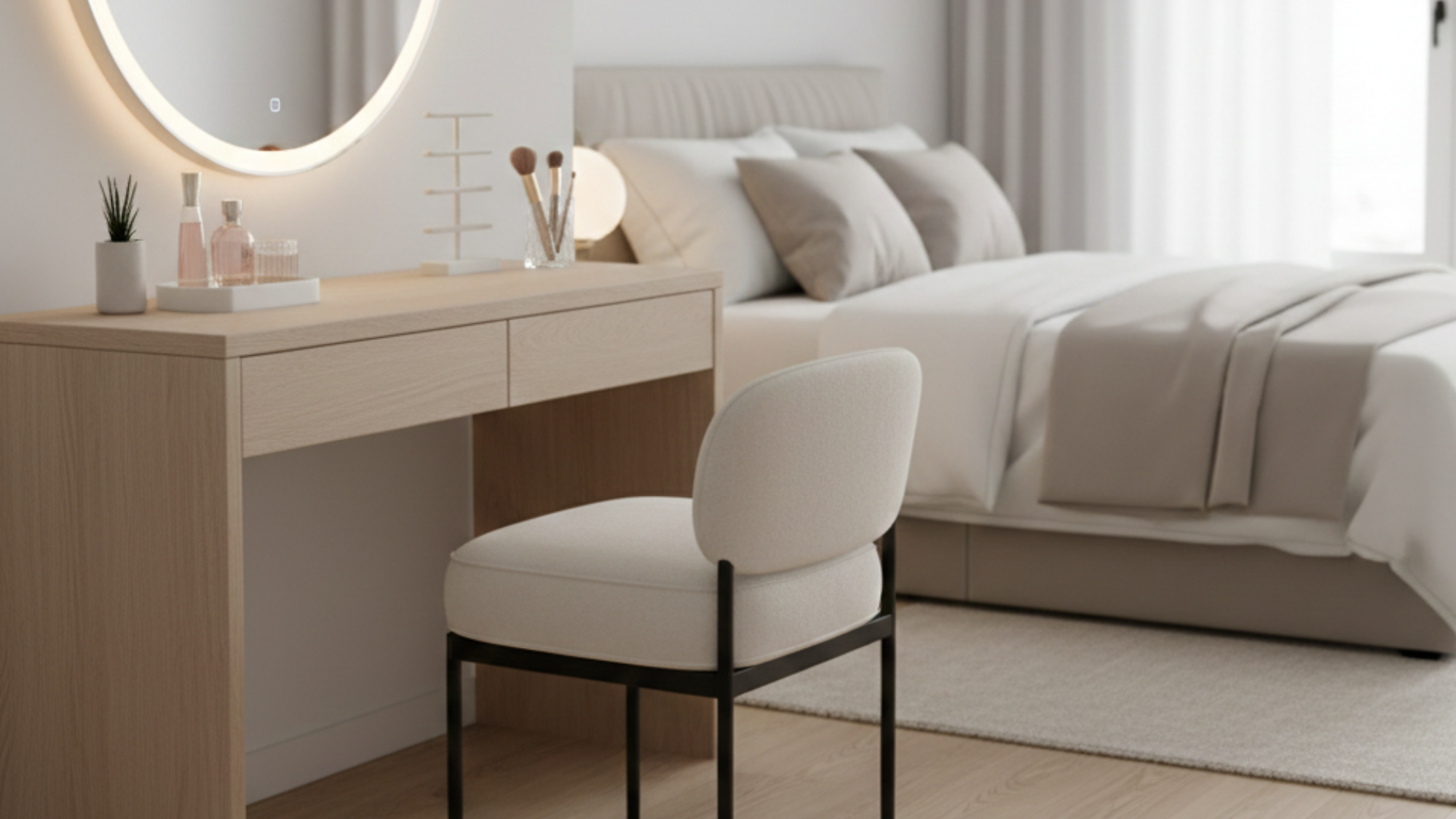 a beautiful vanity table along with bench and mirror