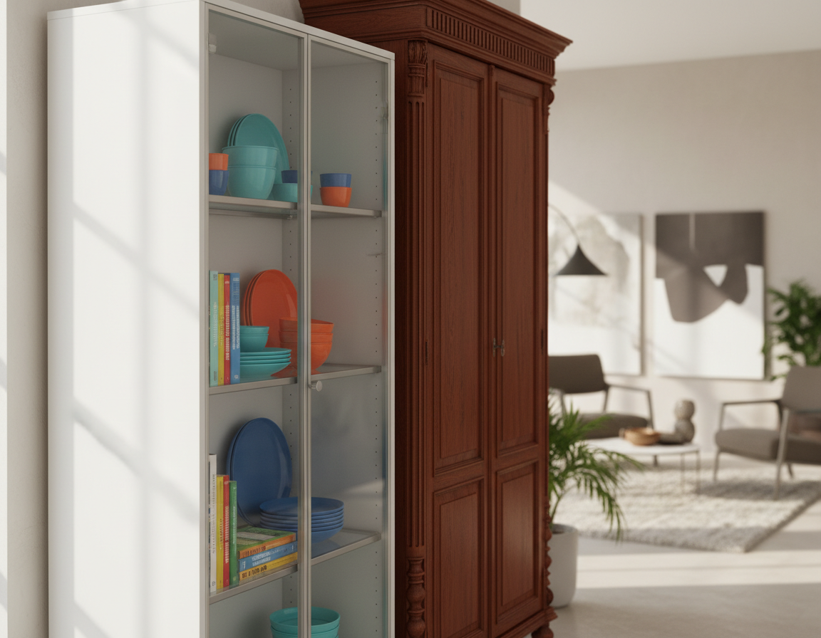 A beautifully detailed tall cabinet configuration, showcasing a variety of styles and finishes. The foreground features a sleek, modern cabinet with glass doors revealing neatly organized shelves filled with colorful dishes and books. In the middle ground, another cabinet displays classic wooden craftsmanship, with decorative molding and a rich mahogany finish, enhancing its elegant look. Soft light filters through a nearby window, creating gentle reflections and shadows that highlight the textures of the wood. The background is softly blurred, suggesting a stylish home interior with minimalist decor and subtle tones. The overall atmosphere is warm and inviting, reflecting sophistication and practicality in storage solutions. The perspective is slightly angled to capture the height and grandeur of the cabinets, with a focus on their functional beauty.
