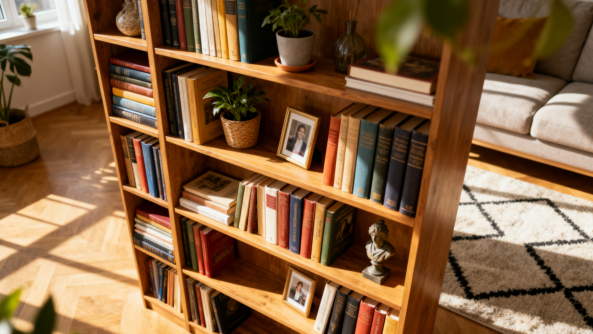a bookshelf in a bright living room
