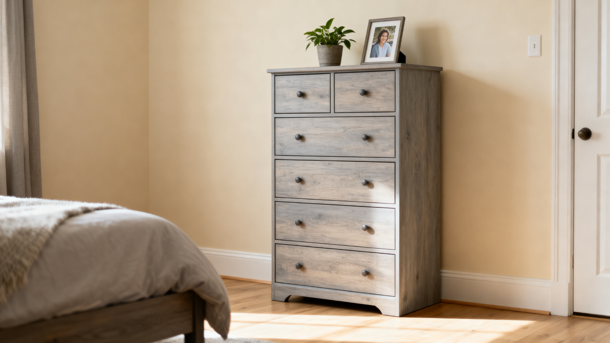a chest of drawer in a bright room