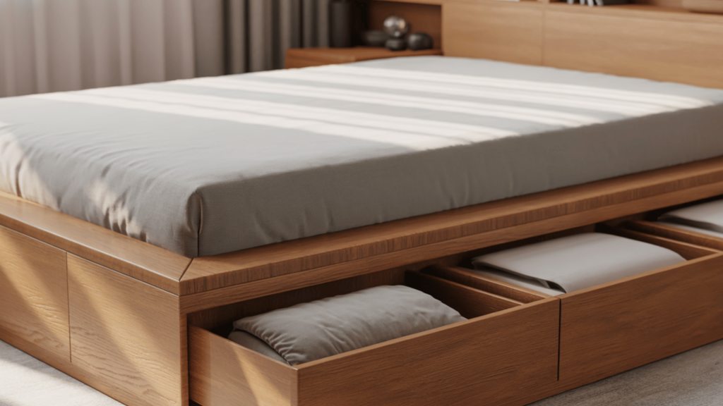 a clean and minimalist wooden bed with built-in storage drawers, bathed in sunlight filtering through a nearby window