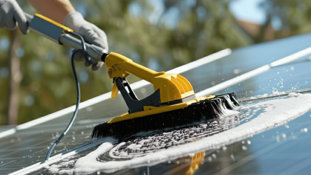 a close-up shot of a yellow soft-bristle cleaning tool scrubbing white soapy foam onto the surface of a sleek solar panel.