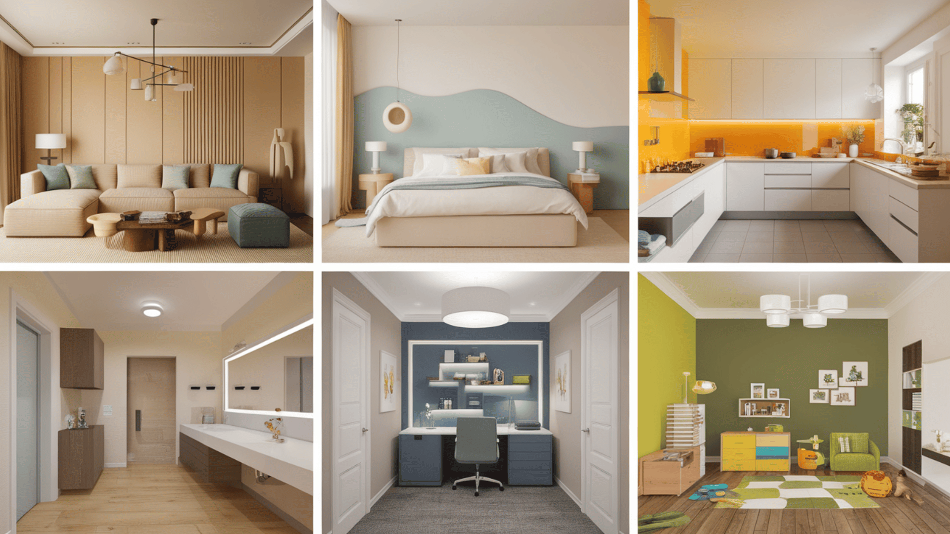 a collage of six different rooms with unique color combinations, from cozy greens to playful yellows, all thoughtfully designed