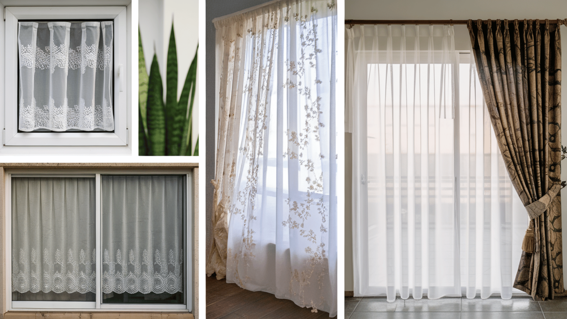 a collage of various window curtains, including lace curtains, sheer embroidered curtains, and heavy draped curtains on different window styles