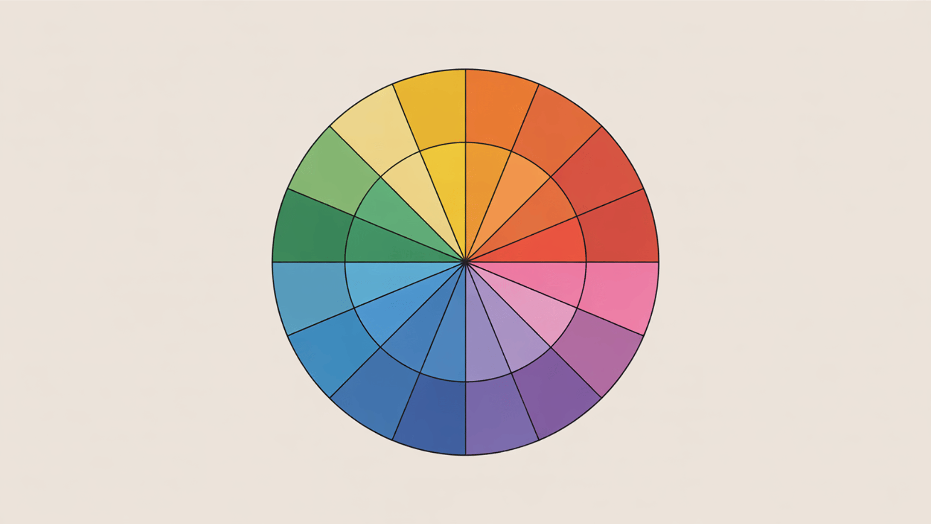 a color wheel displaying a full spectrum of colors from green, yellow, red, to blue, on a soft beige background