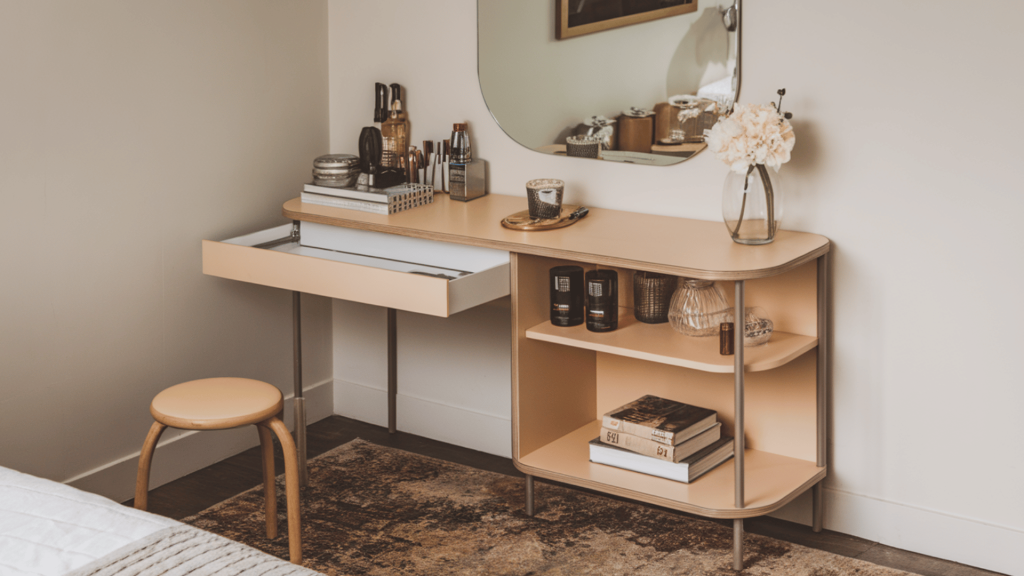 a compact bar cart with multi-functional storage, perfect for a small bedroom, holding books, decor, and essentials