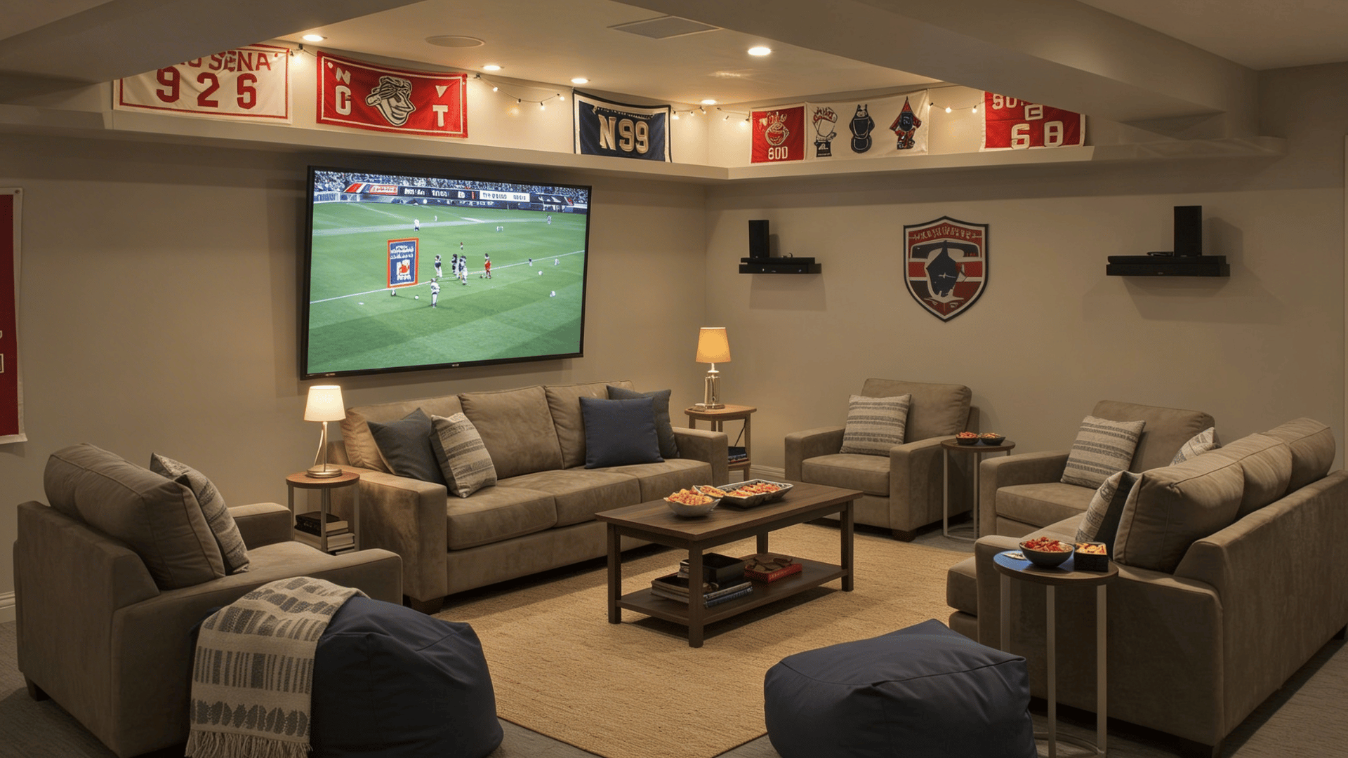 a cozy basement living room with beige sofas, a large wall mounted tv showing a soccer game, and snacks on a wooden table