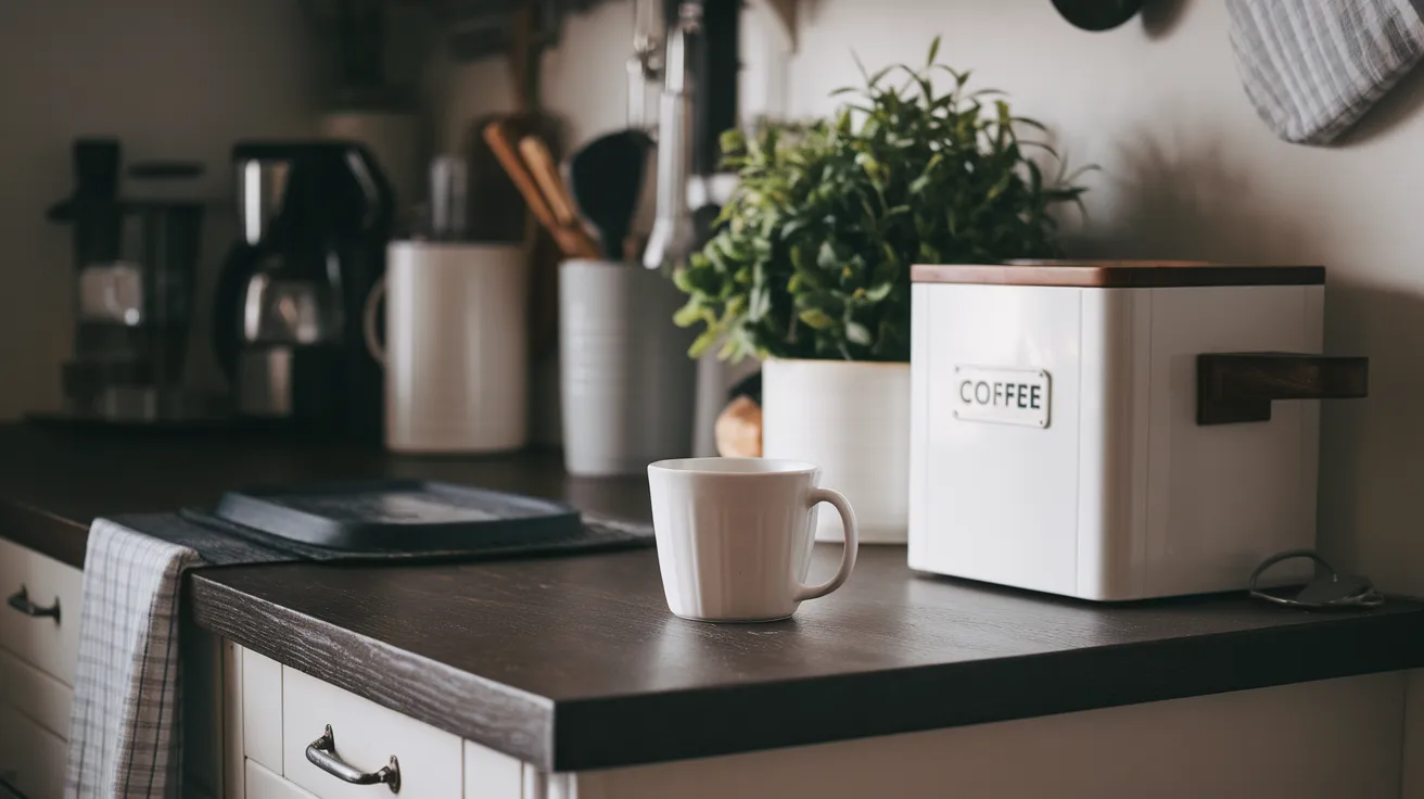 a cozy kitchen counter with a coffee cup, a coffee canister, a plant, and kitchen essentials on a dark wood surface.