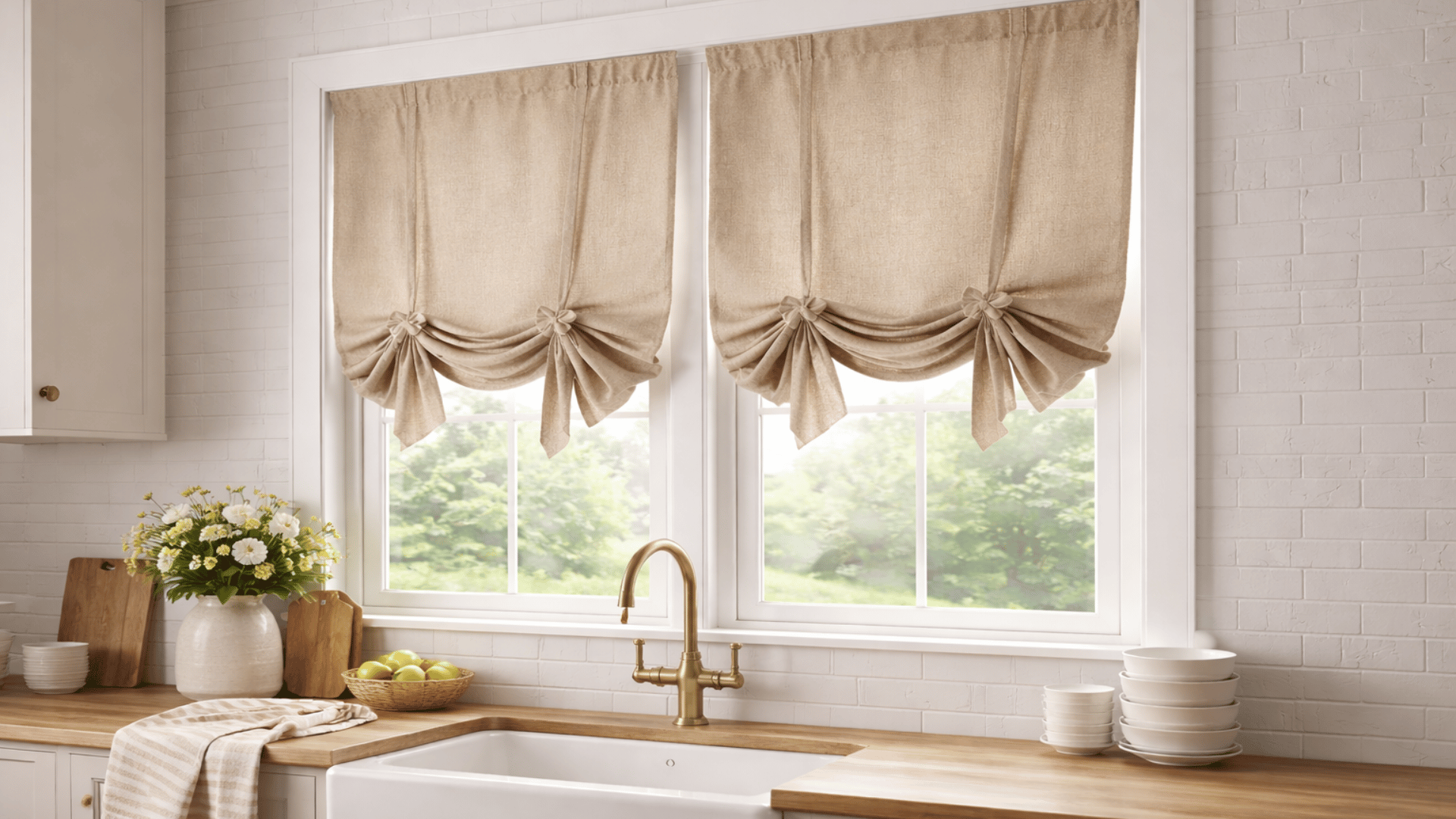 a cozy kitchen with beige tie up shades, farmhouse sink, wooden counters, and natural light streaming through the window.